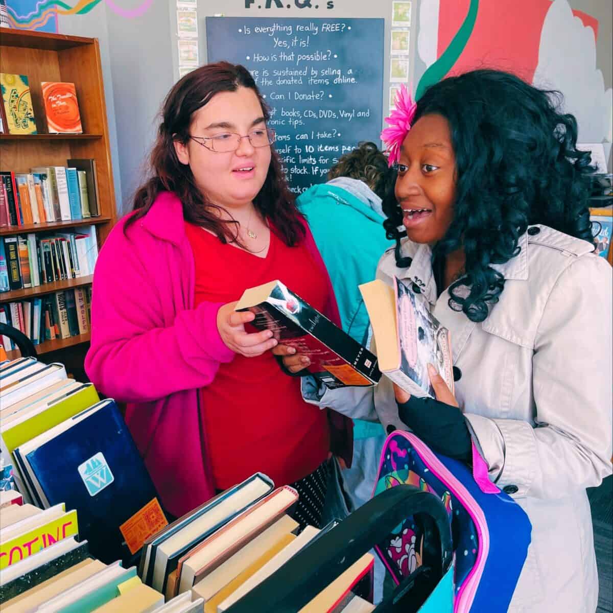Two young women at a bookstore