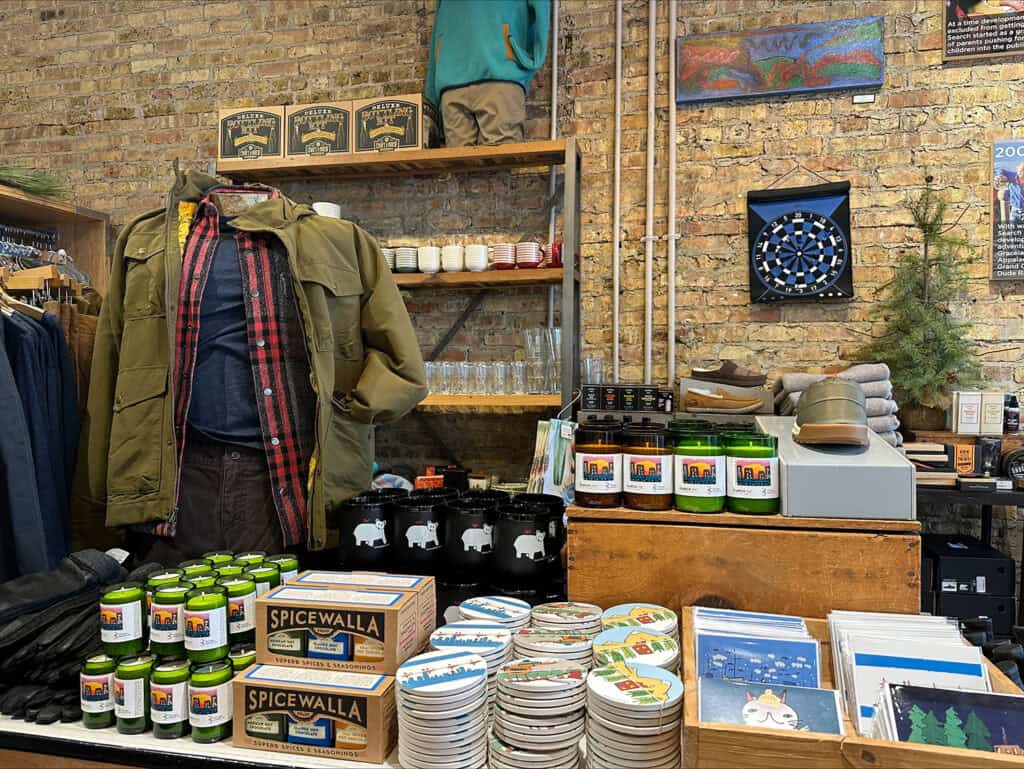 Planet Access store, clothes and other goods on display