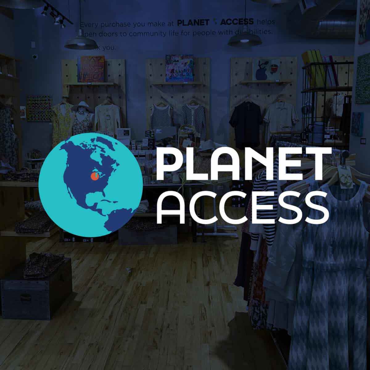 Planet Access logo overlayed on a photo of the store on a blue background