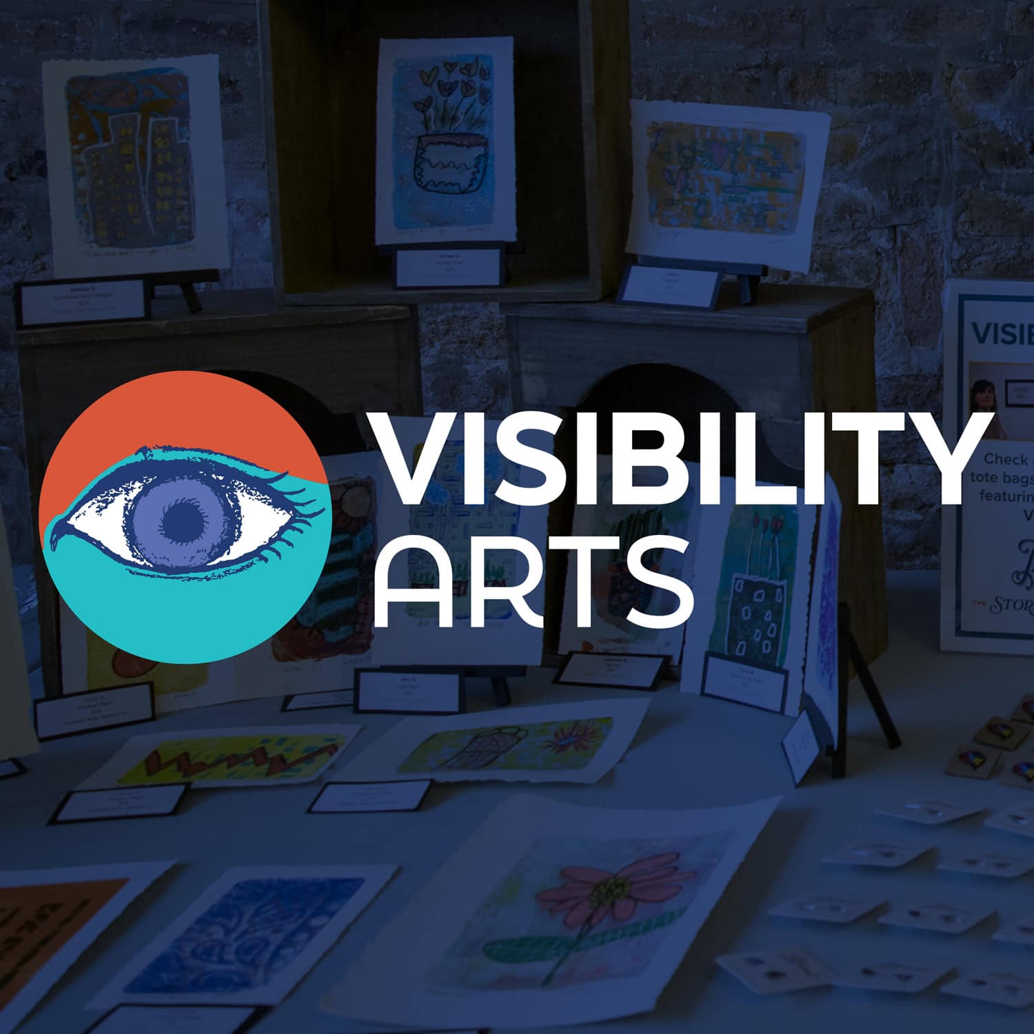 Visibility Arts logo overlayed on a photo of artwork on a blue background